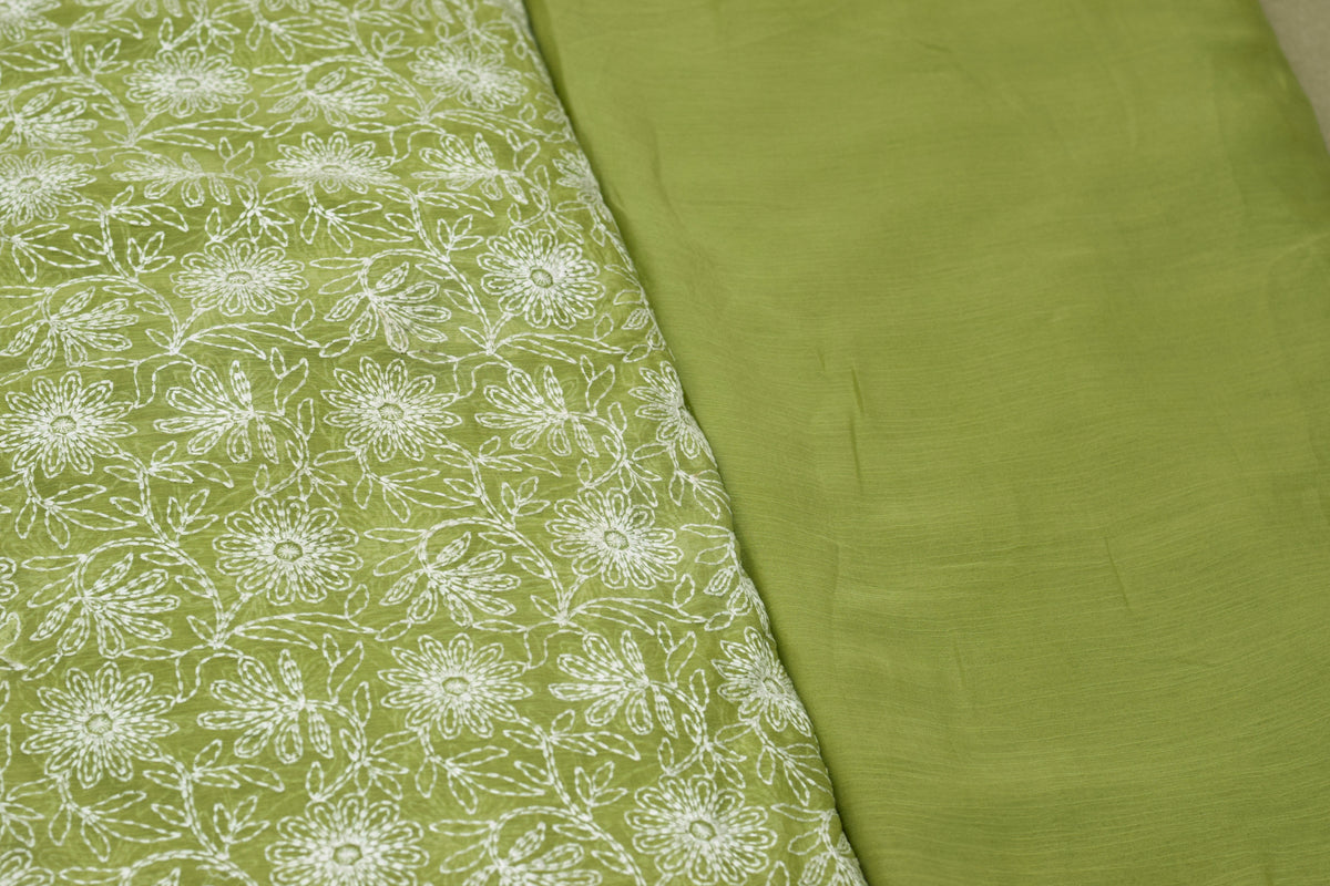 Green Mul Chiffon  Floral Embroidery Dress Material Set – Top & Bottom material  | 44 Inch Width