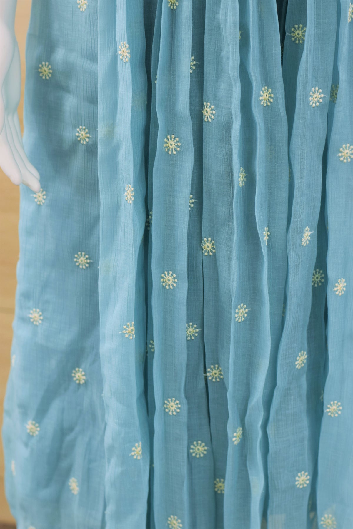 Women’s Sky Blue Mul Chiffon Embroidered Ready-Made Top | Floral Embroidery & Pleated Flare
