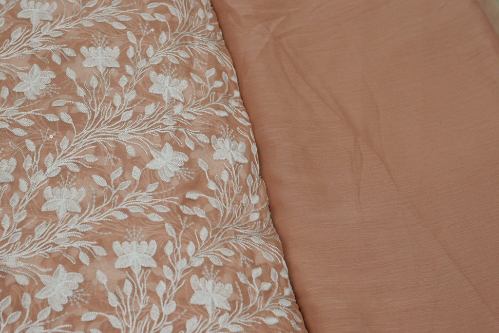 Light Peach Embroidered Mul Chiffon Unstitched Dress Material (Top & Bottom Set)