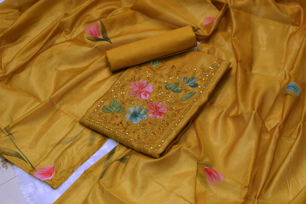 Mustard Semi Silk Churidar Set with Hand-Painted Floral Embroidery-soft silk - Main Product Image - Silk Floral - Nushio