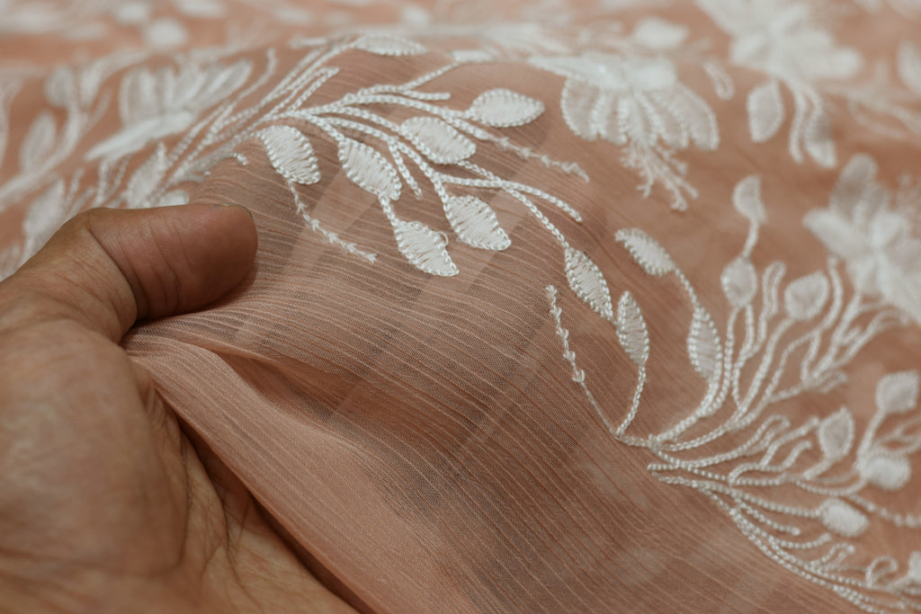 Light Peach Embroidered Mul Chiffon Unstitched Dress Material (Top & Bottom Set)