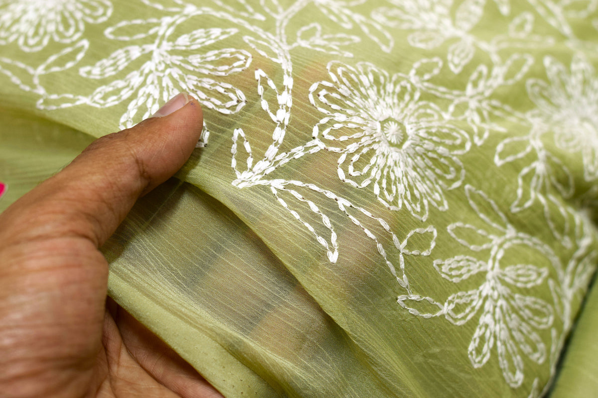 Green Mul Chiffon  Floral Embroidery Dress Material Set – Top & Bottom material  | 44 Inch Width