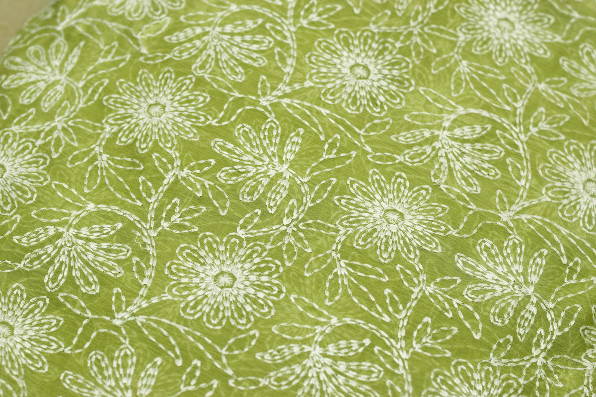 Green Mul Chiffon  Floral Embroidery Dress Material Set – Top & Bottom material  | 44 Inch Width