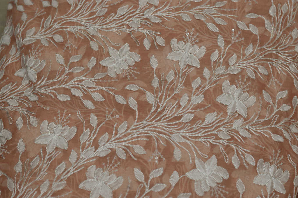 Light Peach Embroidered Mul Chiffon Unstitched Dress Material (Top & Bottom Set)