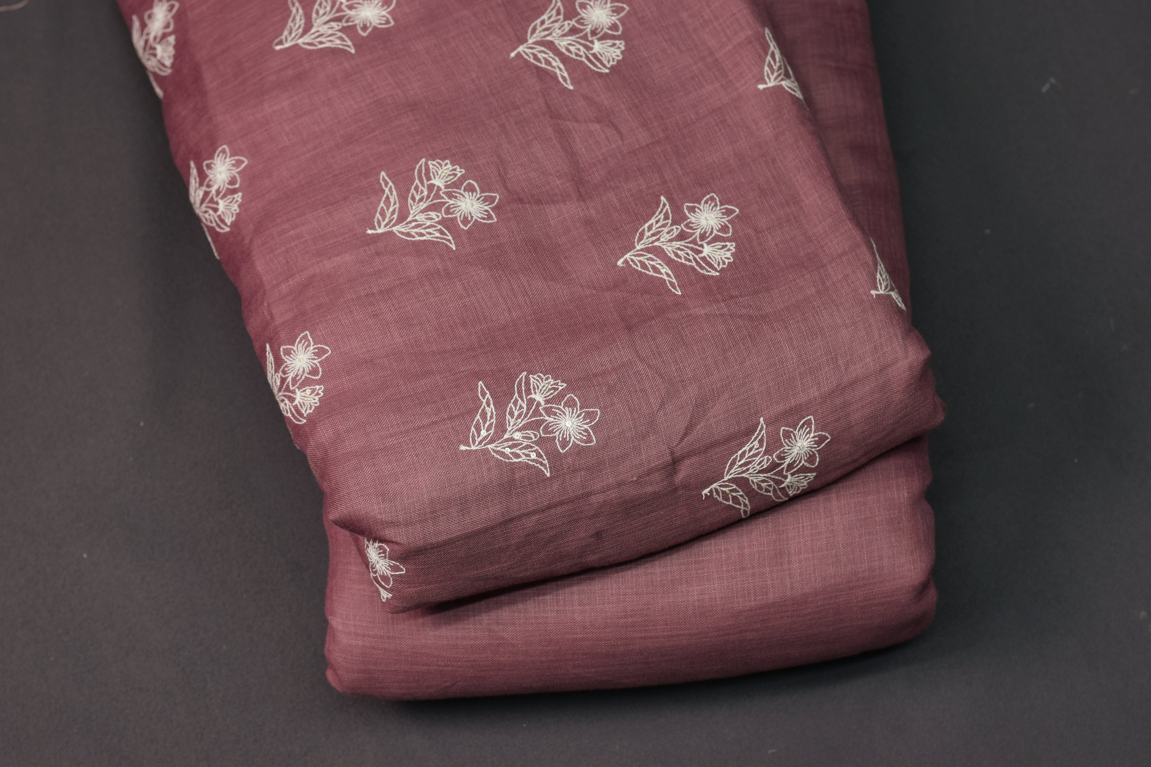 Elegant Maroon Semi Linen Dress Material Set with Floral Print (Top & Bottom)