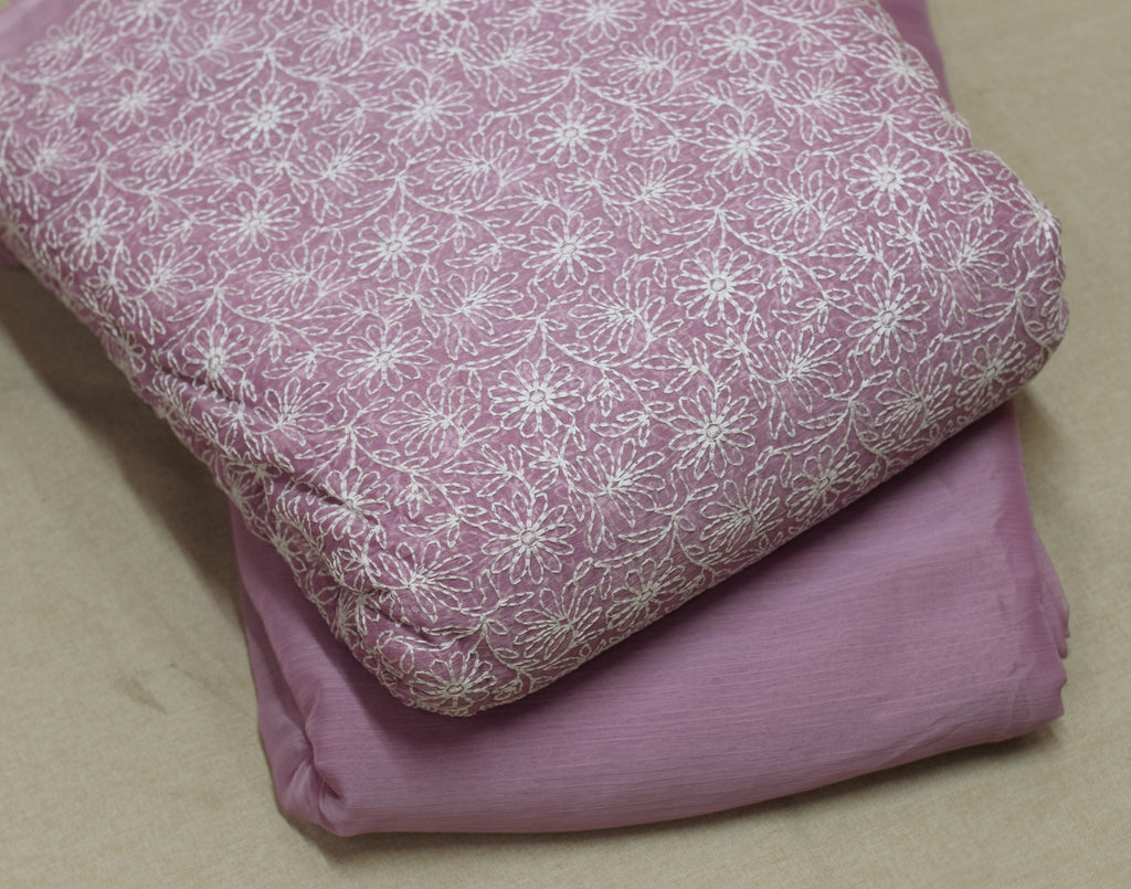 Mauve Embroidered Mul Chiffon Unstitched Dress Material (Top & Bottom Set)