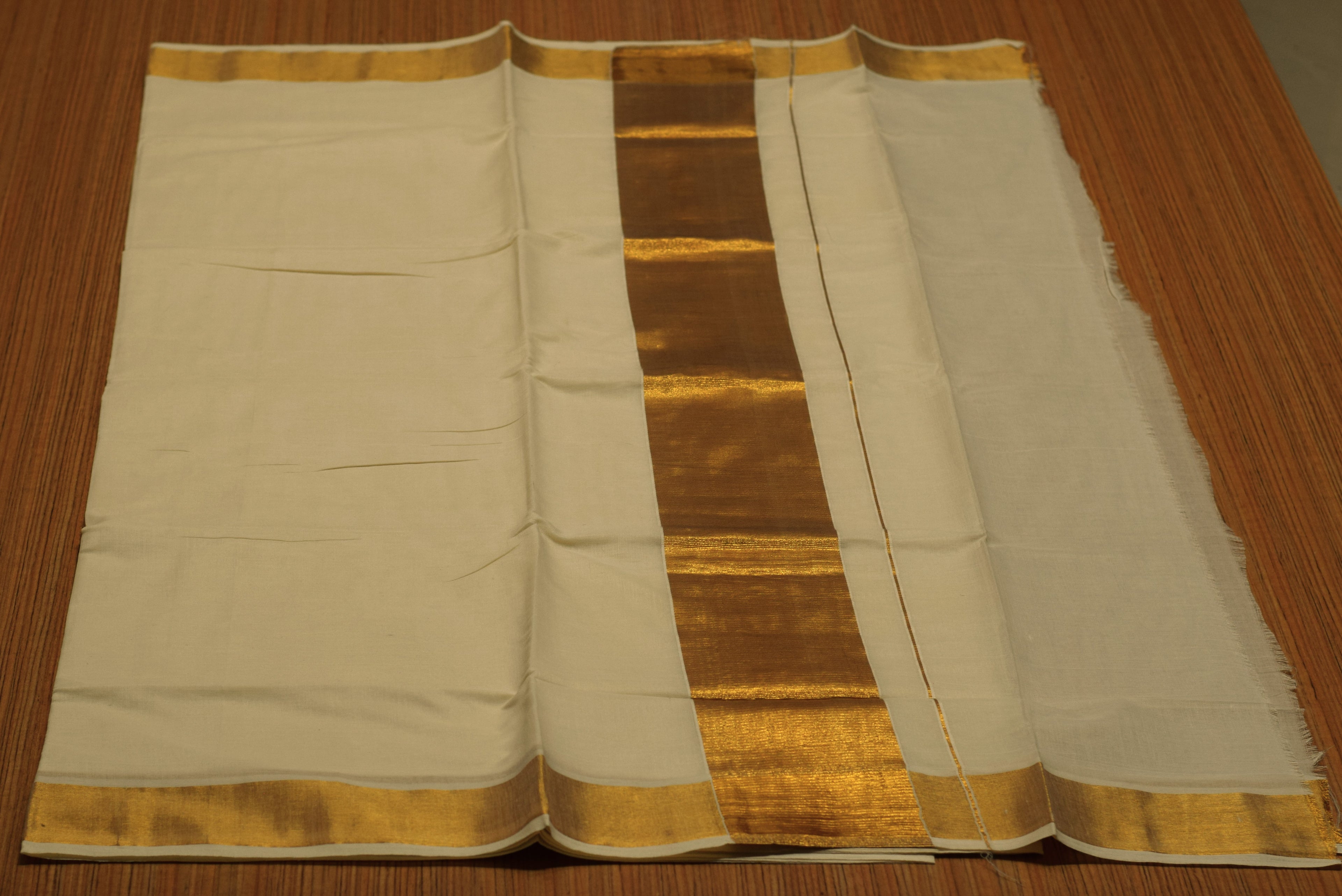 Kerala Traditional Kasavu Set Saree with Blouse – Off White Cotton Blend Saree with Wide Golden Kasavu Border | Onam & Festive Wear