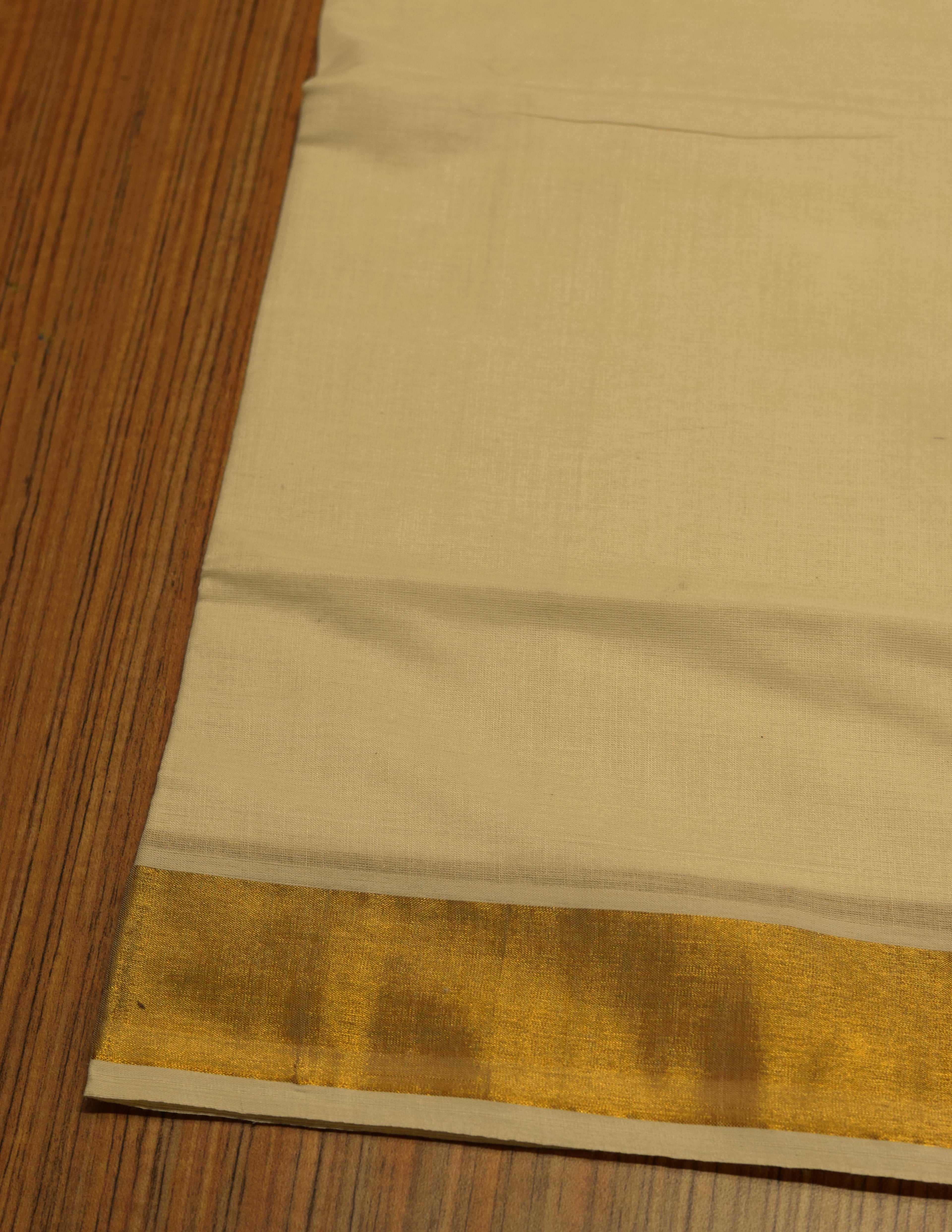 Kerala Traditional Kasavu Set Saree with Blouse – Off White Cotton Blend Saree with Wide Golden Kasavu Border | Onam & Festive Wear