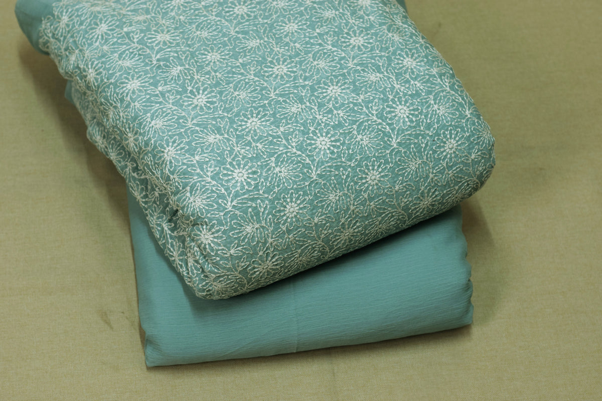 Light Blue  Floral Embroidered mul chiffon Dress Material Set 44inch – Top &Bottom Set