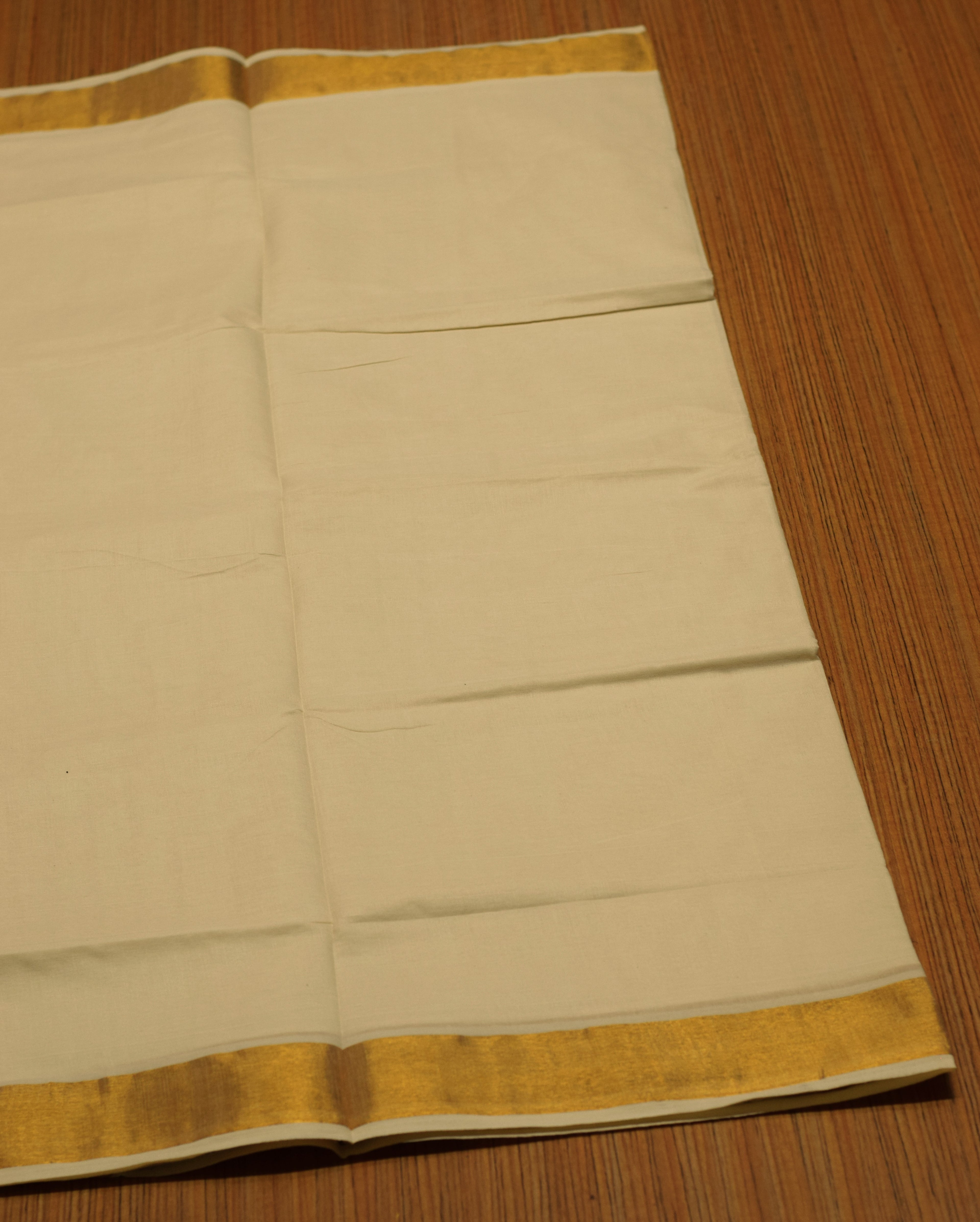 Kerala Traditional Kasavu Set Saree with Blouse – Off White Cotton Blend Saree with Wide Golden Kasavu Border | Onam & Festive Wear