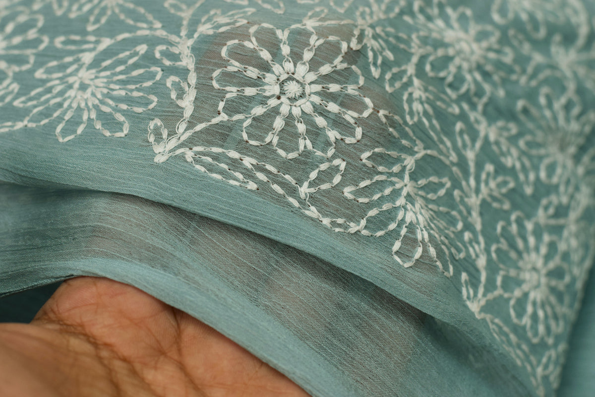 Light Blue  Floral Embroidered mul chiffon Dress Material Set 44inch – Top &Bottom Set