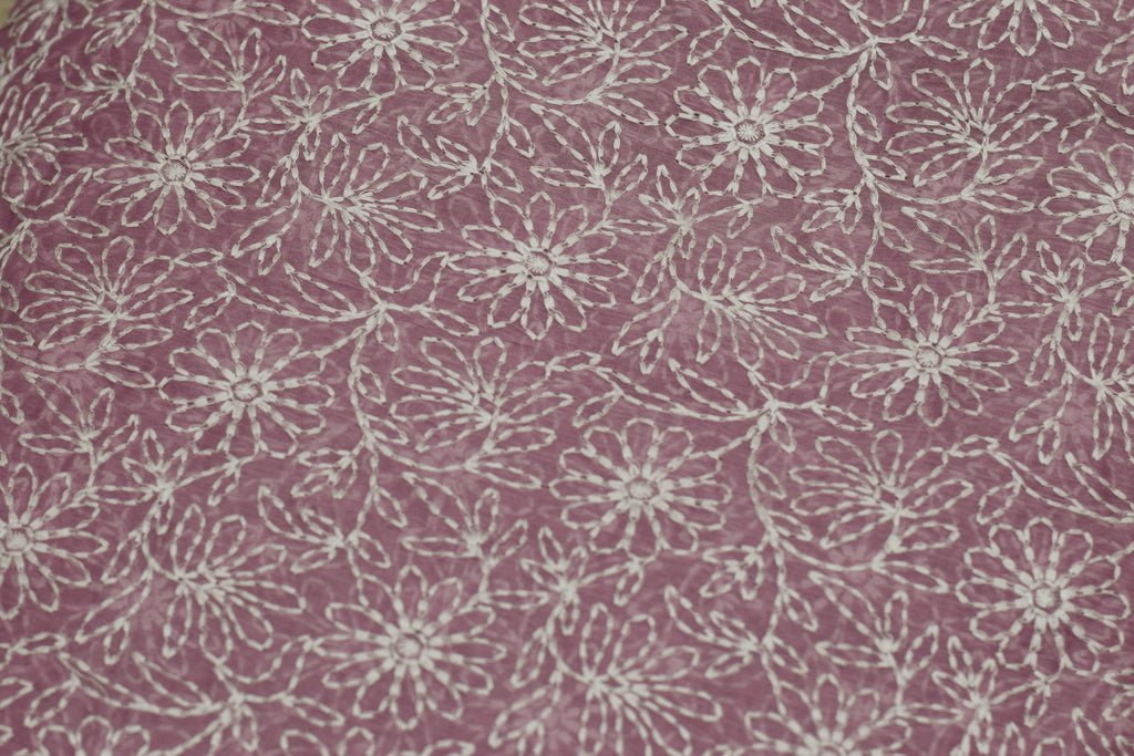 Mauve Embroidered Mul Chiffon Unstitched Dress Material (Top & Bottom Set)