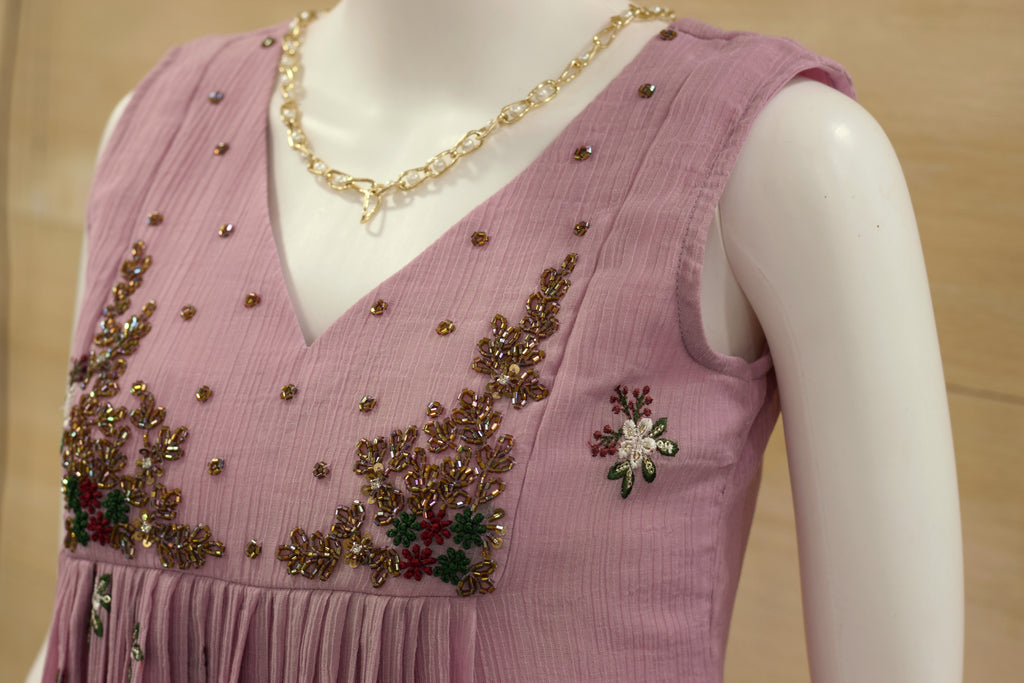 Women’s Embroidered Mul Chiffon Long Top with Sleeves – Floral Embellished Design