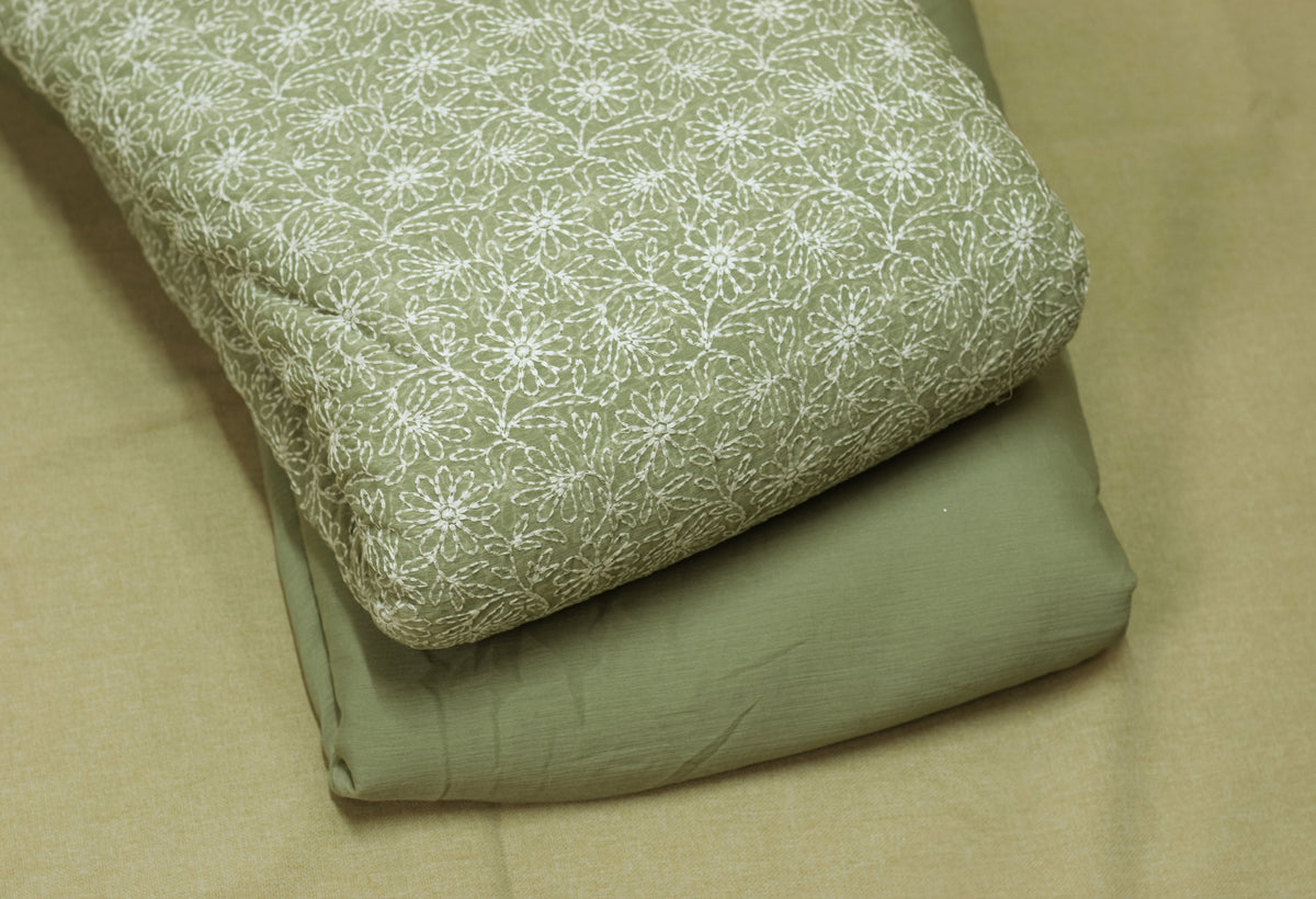 Sage Green Mul Chiffon Floral Embroidered Dress Material with plain bottom material– 44 Inch Width