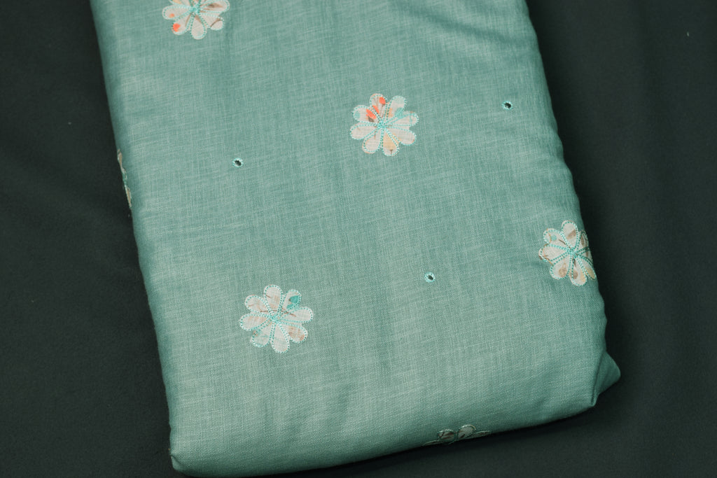 Elegant Mint Green Semi Linen Dress Material Set with Floral Embroidery (Top & Bottom)