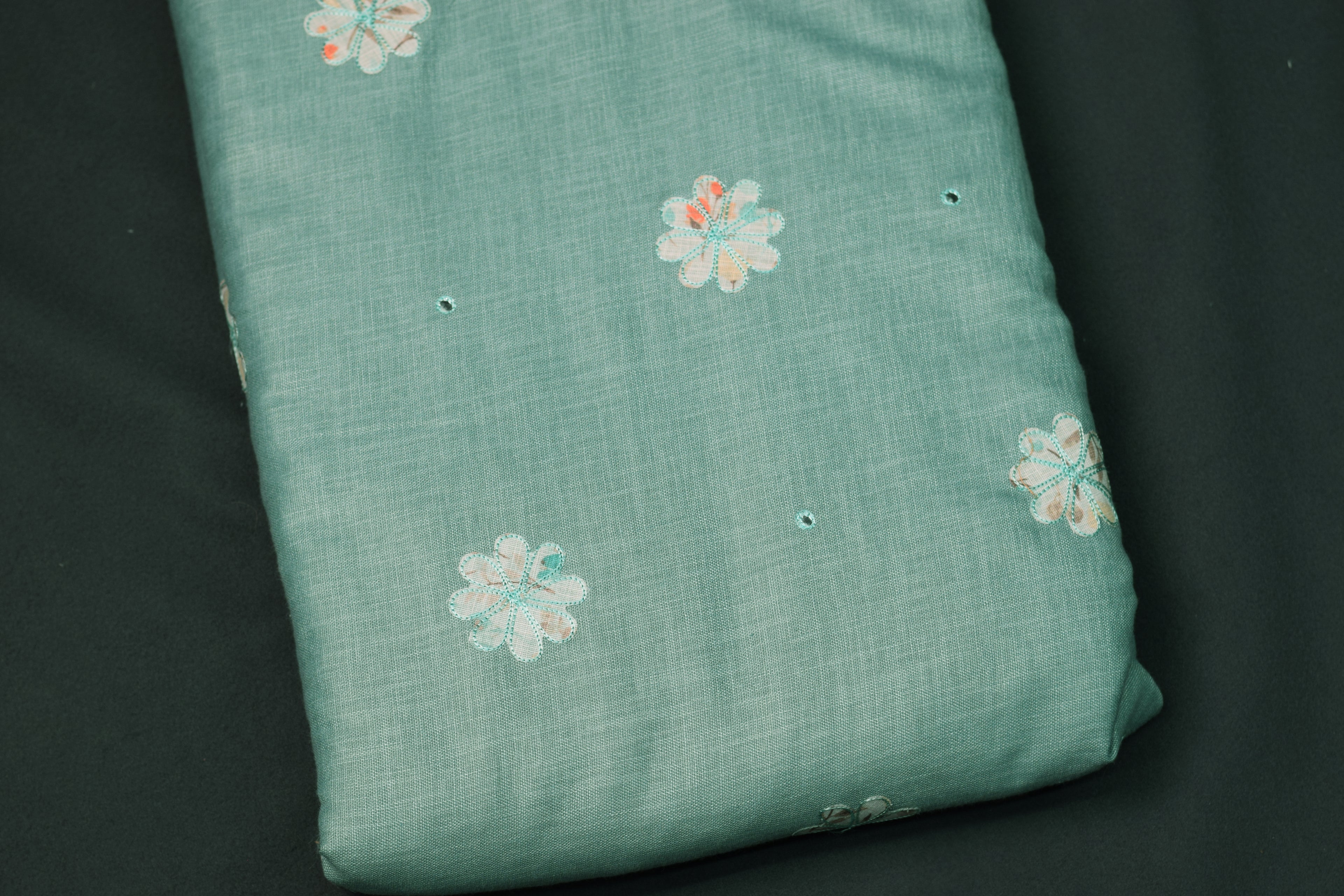 Elegant Mint Green Semi Linen Dress Material Set with Floral Embroidery (Top & Bottom)