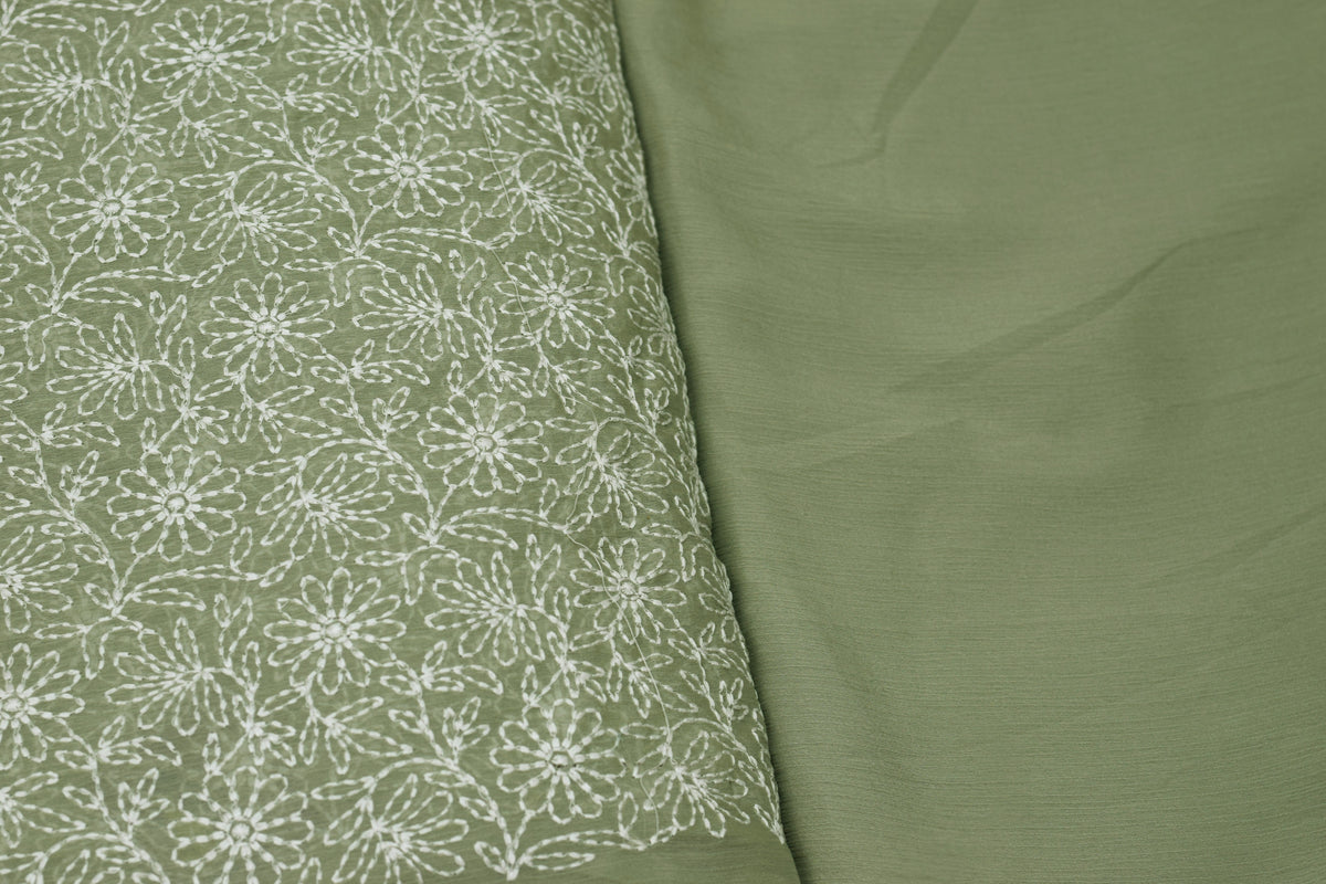 Sage Green Mul Chiffon Floral Embroidered Dress Material with plain bottom material– 44 Inch Width