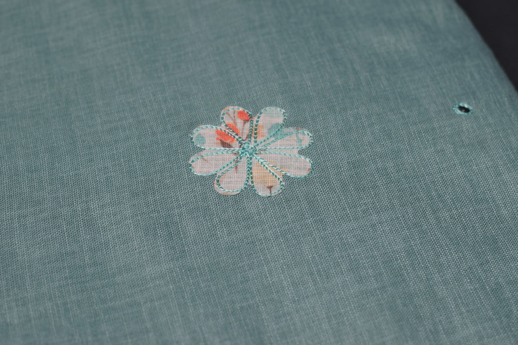Sea Green Semi Linen Dress Material Set with Floral Embroidery – 44" Width