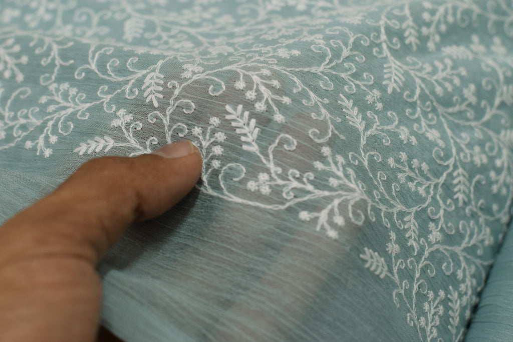 Light Blue Embroidered Mul Chiffon Unstitched Dress Material (Top & Bottom Set)
