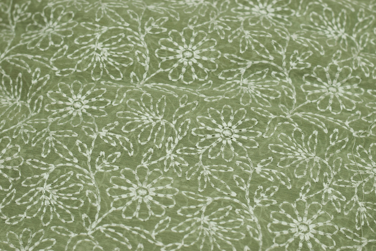 Sage Green Mul Chiffon Floral Embroidered Dress Material with plain bottom material– 44 Inch Width