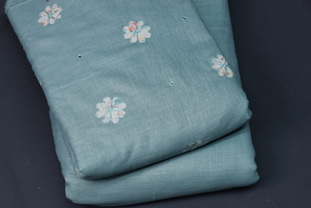Sea Green Semi Linen Dress Material Set with Floral Embroidery – 44" Width