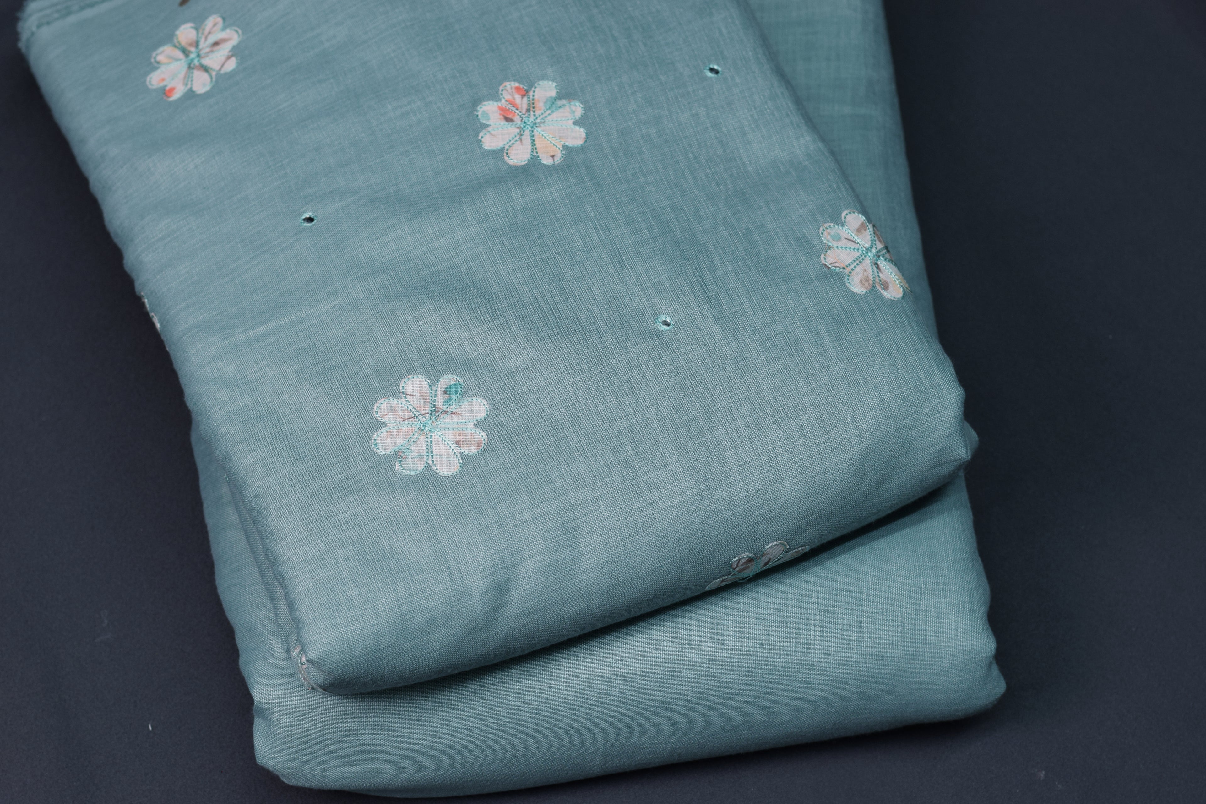 Sea Green Semi Linen Dress Material Set with Floral Embroidery – 44" Width