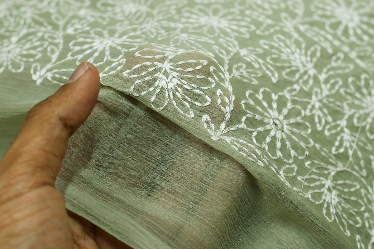Sage Green Mul Chiffon Floral Embroidered Dress Material with plain bottom material– 44 Inch Width