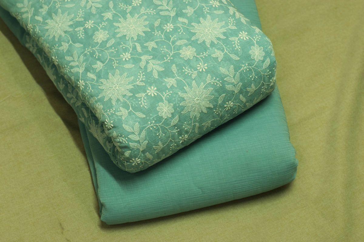 Sky Blue Floral Embroidery 44'' mul chiffon Unstitched Dress Material-Top&Bottom material