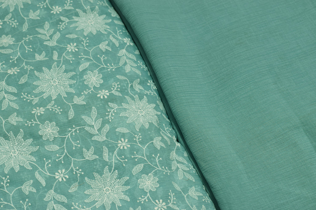 Sky Blue Floral Embroidery 44'' mul chiffon Unstitched Dress Material-Top&Bottom material