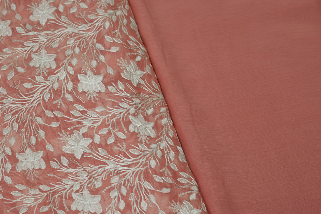 44" Peach Mul Chiffon Floral Embroidered Top Dress Material with Plain Bottom Dress Material