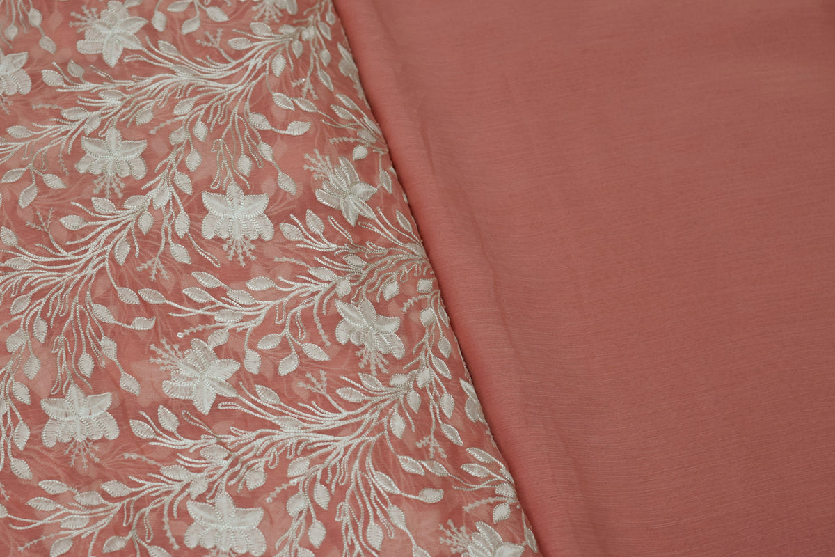 44" Peach Mul Chiffon Floral Embroidered Top Dress Material with Plain Bottom Dress Material