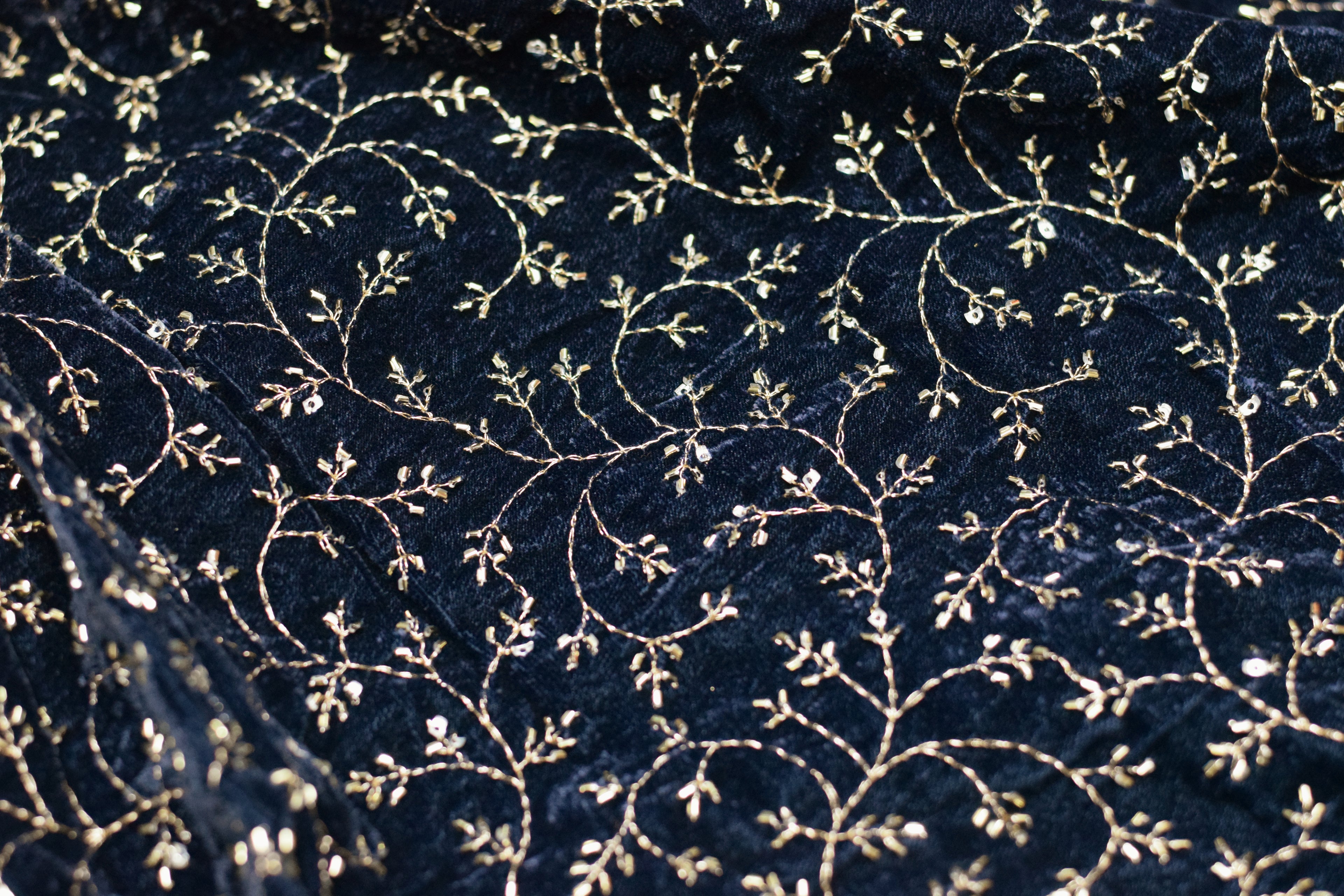 Elegant Navy Blue Velvet Dress Material with Gold Embroidery – 2.5m Top (44" Width)