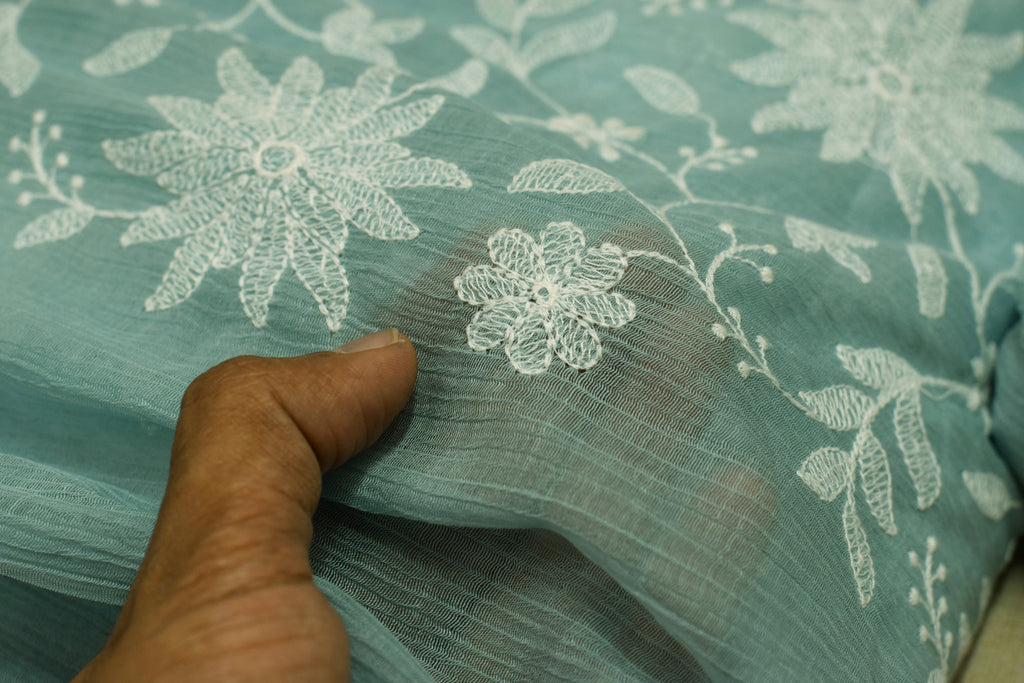 Sky Blue Floral Embroidery 44'' mul chiffon Unstitched Dress Material-Top&Bottom material