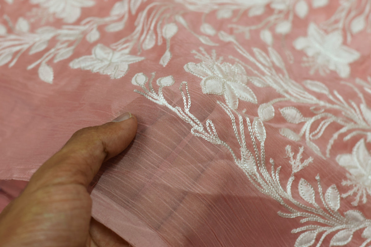 44" Peach Mul Chiffon Floral Embroidered Top Dress Material with Plain Bottom Dress Material