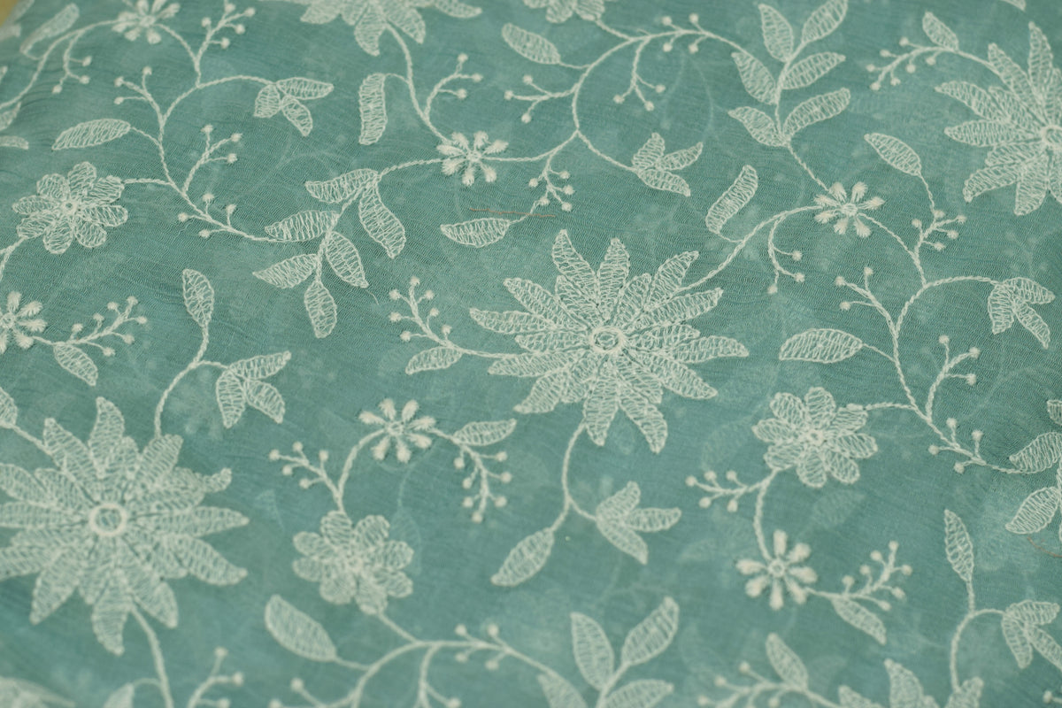 Sky Blue Floral Embroidery 44'' mul chiffon Unstitched Dress Material-Top&Bottom material