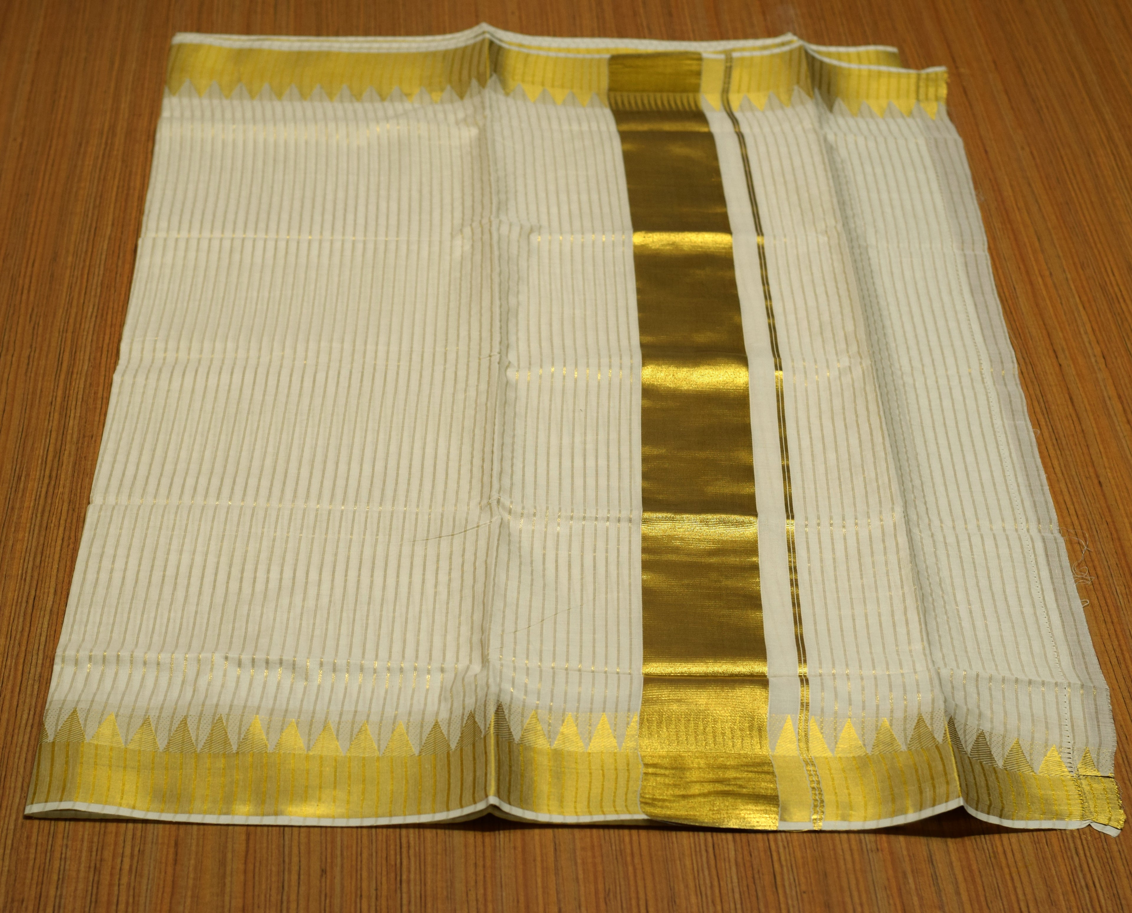 Traditional Kerala Kasavu Set Saree with Blouse | Off White Cotton Blend Saree with Golden Kasavu Border & Fine Stripes