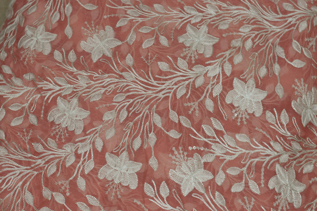 44" Peach Mul Chiffon Floral Embroidered Top Dress Material with Plain Bottom Dress Material