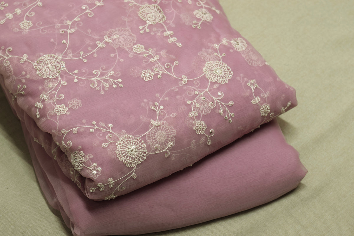 Dusty Rose Pink Mul Chiffon 44inches Dress Material Set with Floral Embroidery – Top & Bottom Material