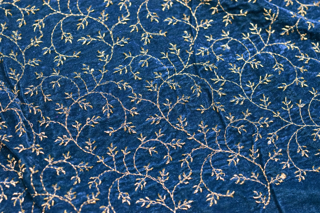 Elegant Blue Velvet Embroidered Dress Material Set (Top & Bottom) – 44" Width
