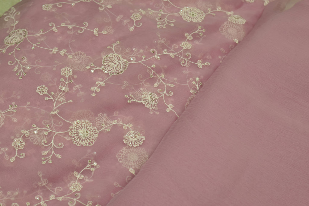 Dusty Rose Pink Mul Chiffon 44inches Dress Material Set with Floral Embroidery – Top & Bottom Material
