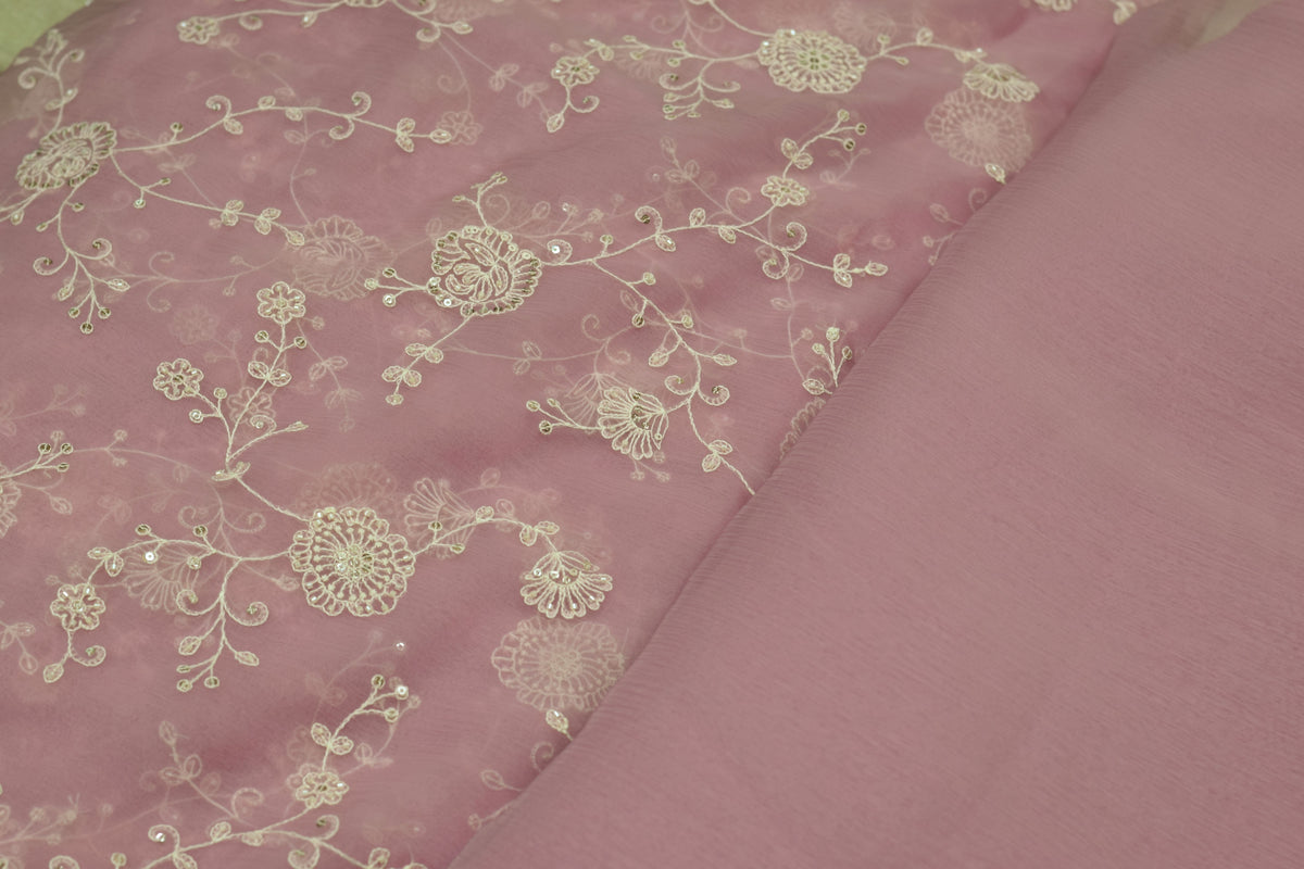 Dusty Rose Pink Mul Chiffon 44inches Dress Material Set with Floral Embroidery – Top & Bottom Material