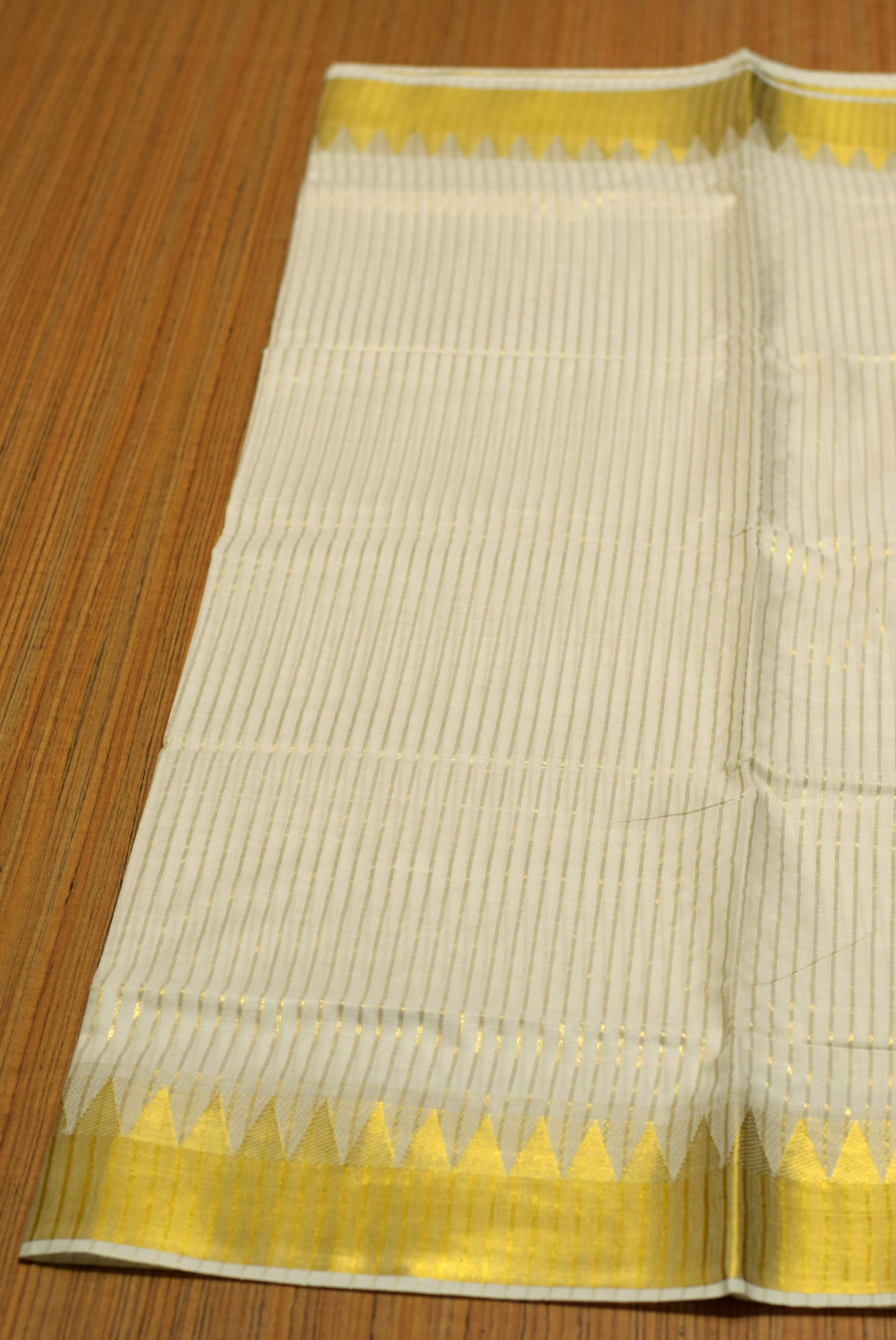 Traditional Kerala Kasavu Set Saree with Blouse | Off White Cotton Blend Saree with Golden Kasavu Border & Fine Stripes