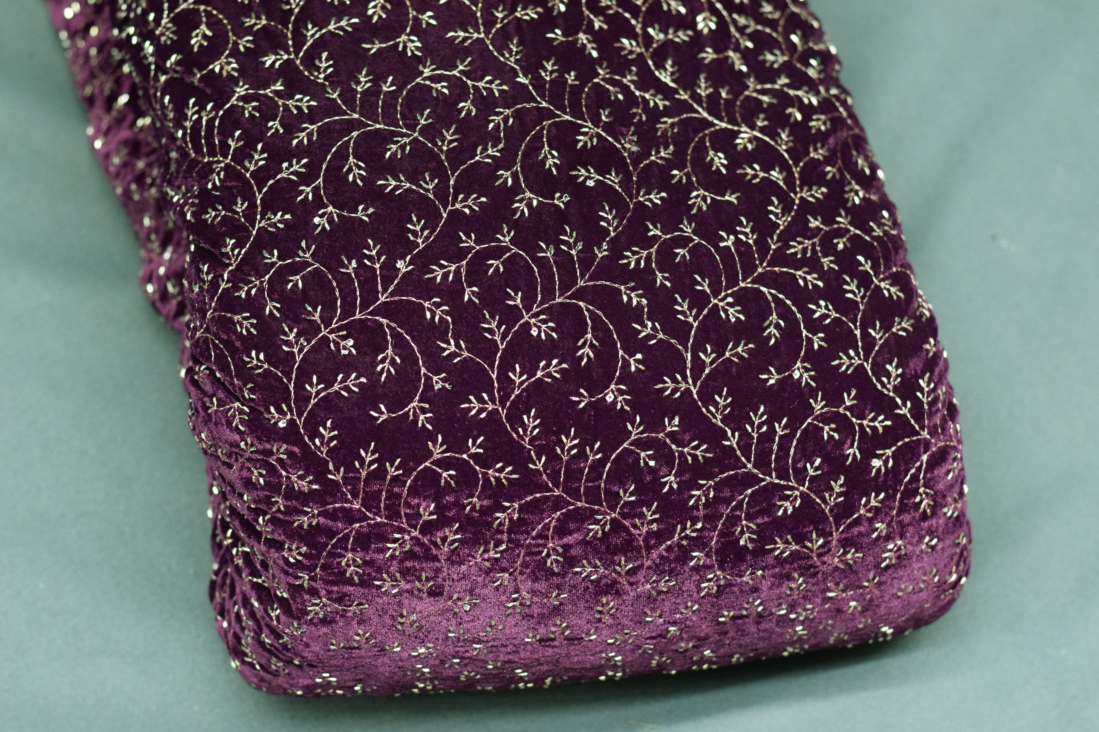 Elegant Wine Purple Velvet Dress Material with Delicate Embroidery – 44" Width (Top 2.5 m)