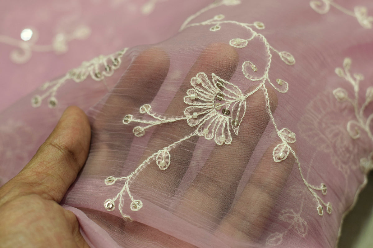 Dusty Rose Pink Mul Chiffon 44inches Dress Material Set with Floral Embroidery – Top & Bottom Material
