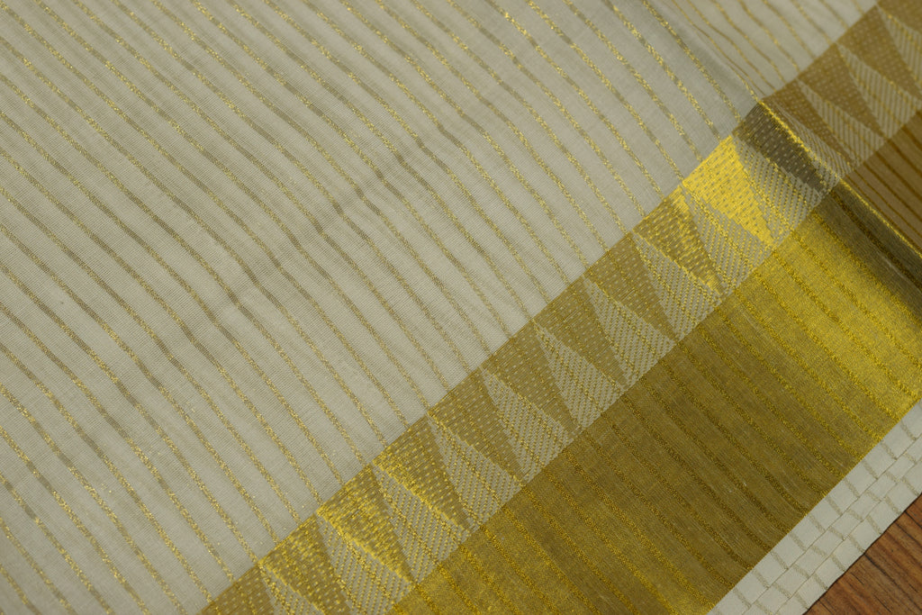 Traditional Kerala Kasavu Set Saree with Blouse | Off White Cotton Blend Saree with Golden Kasavu Border & Fine Stripes