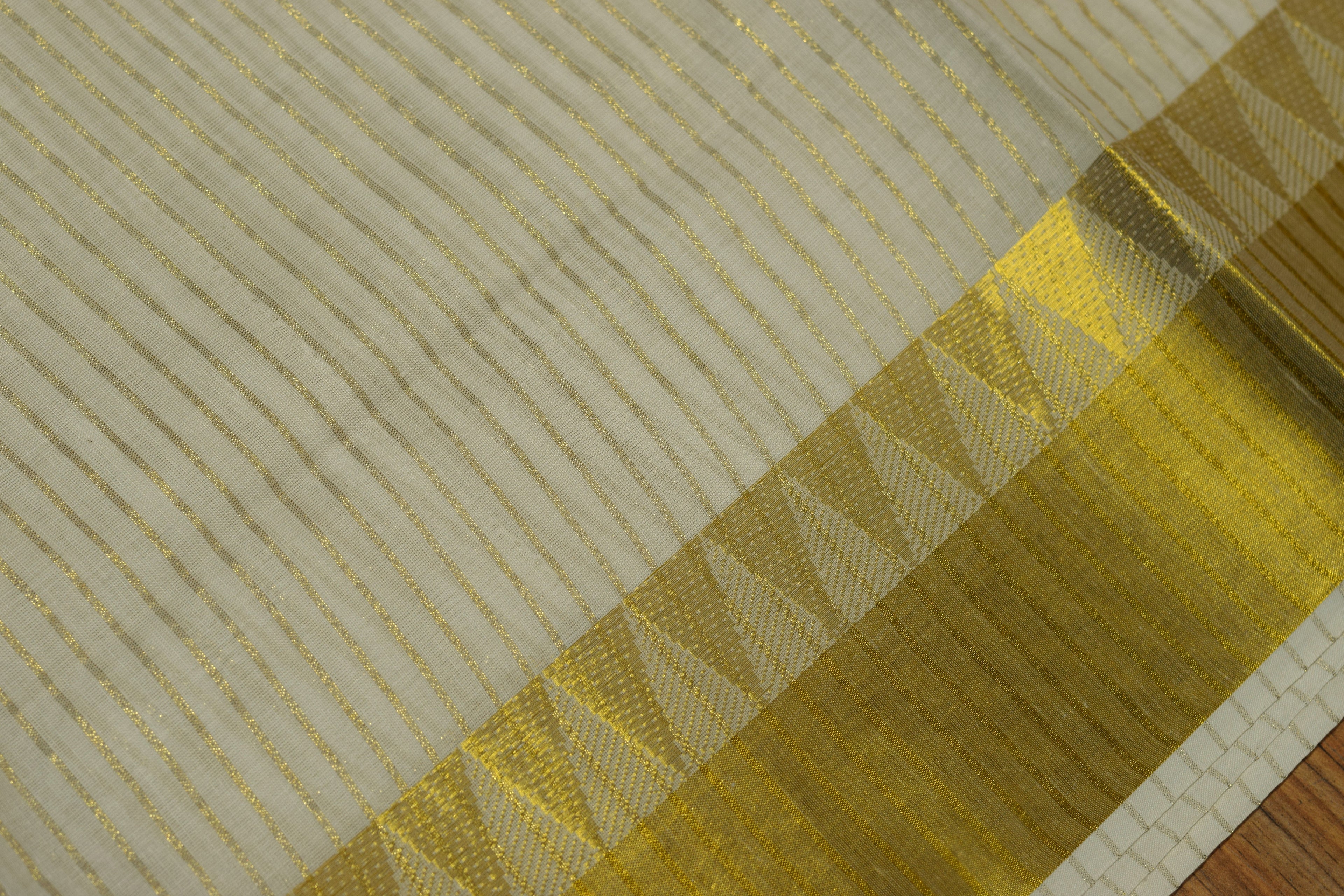 Traditional Kerala Kasavu Set Saree with Blouse | Off White Cotton Blend Saree with Golden Kasavu Border & Fine Stripes