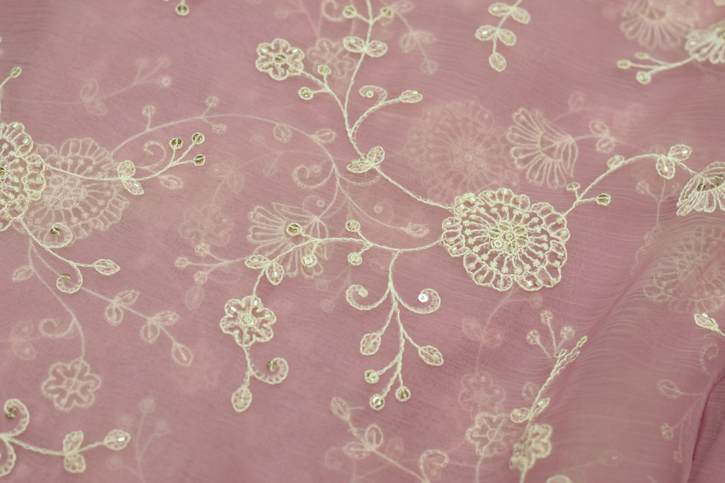 Dusty Rose Pink Mul Chiffon 44inches Dress Material Set with Floral Embroidery – Top & Bottom Material