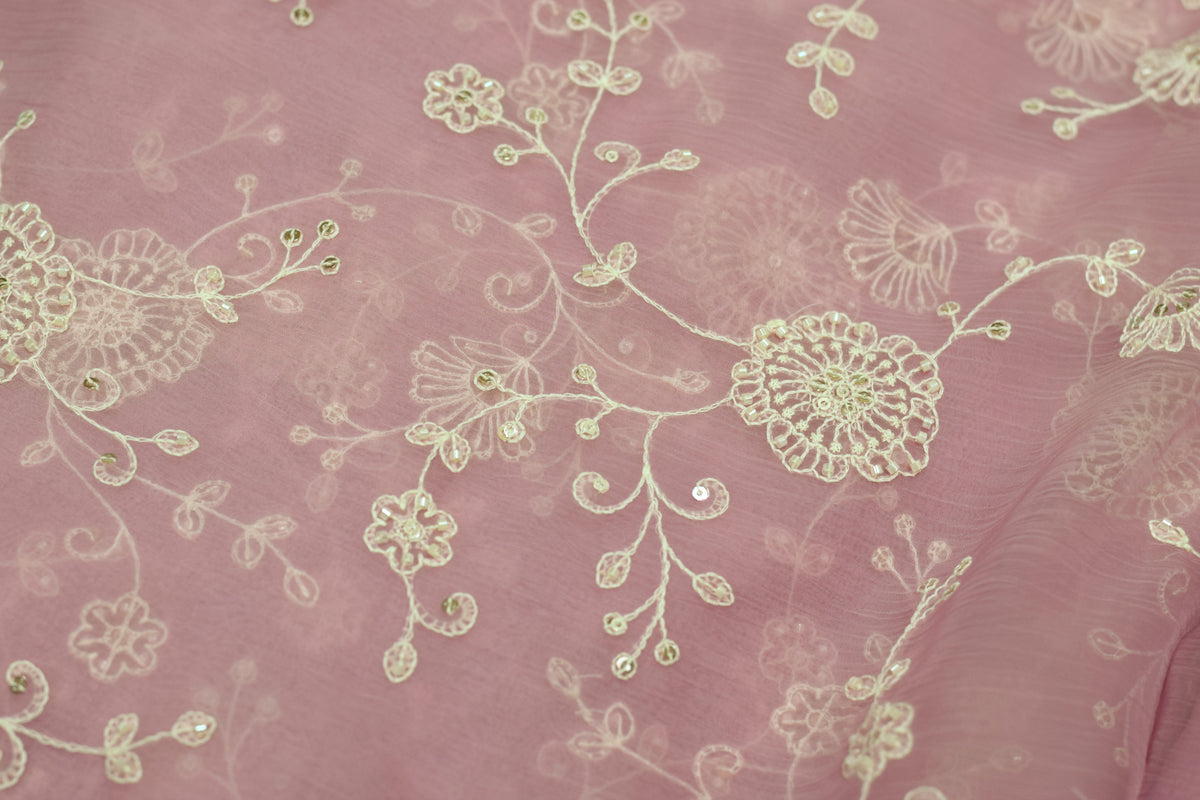 Dusty Rose Pink Mul Chiffon 44inches Dress Material Set with Floral Embroidery – Top & Bottom Material