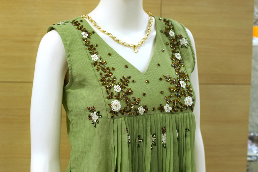 Women’s Embroidered Mul Chiffon Long Top with Sleeves – Floral Embellished Design
