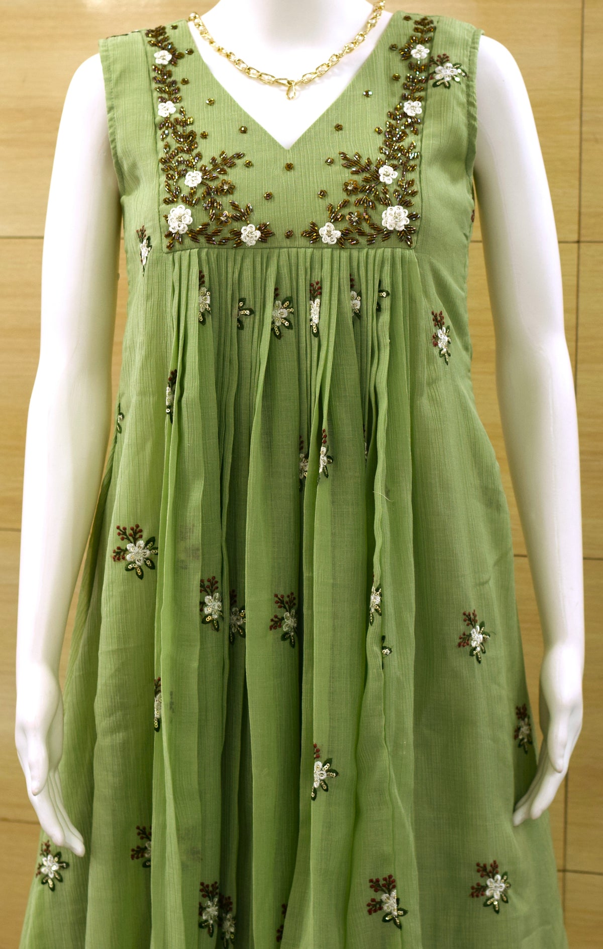 Women’s Embroidered Mul Chiffon Long Top with Sleeves – Floral Embellished Design